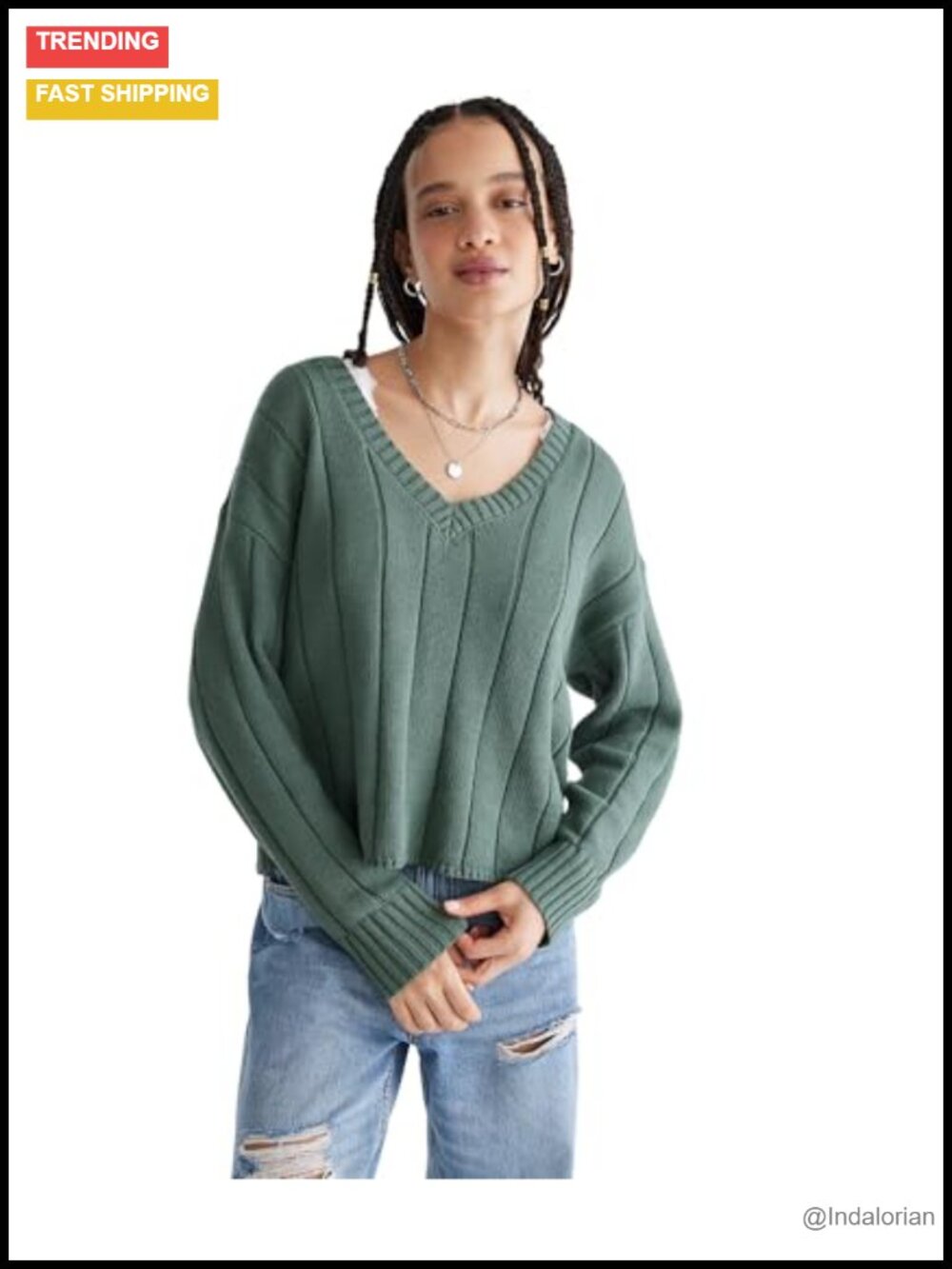 Ribbed V-Neck Pullover Sweater Relaxed Fit Semi-Cropped